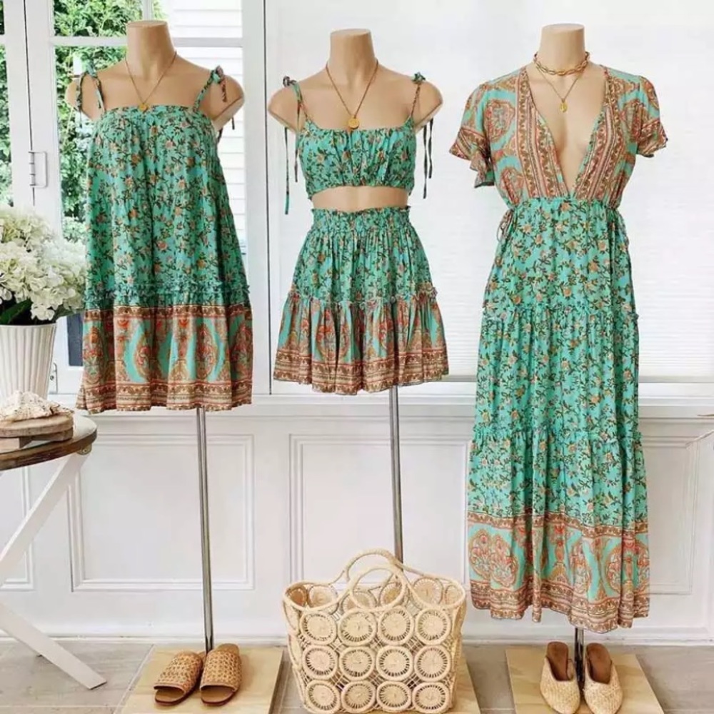 SOLD OUT Boho Mint Floral Crop Top & Mini Skirt 2Pc Set - Picture 3 of 4